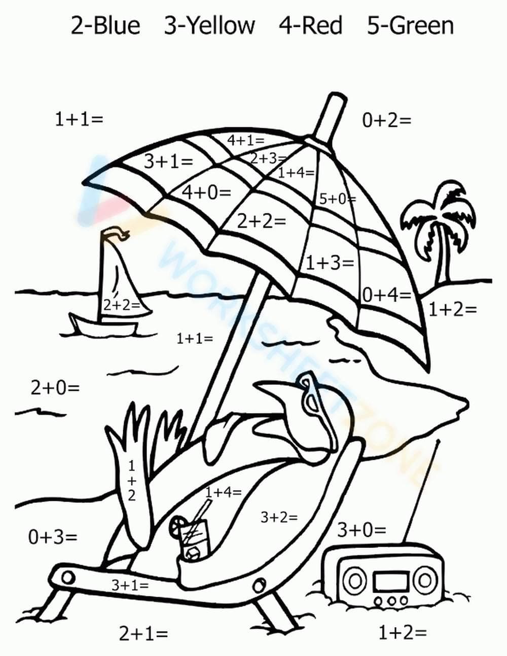 Addition Color by Number | Beach Day Fun - Page 1