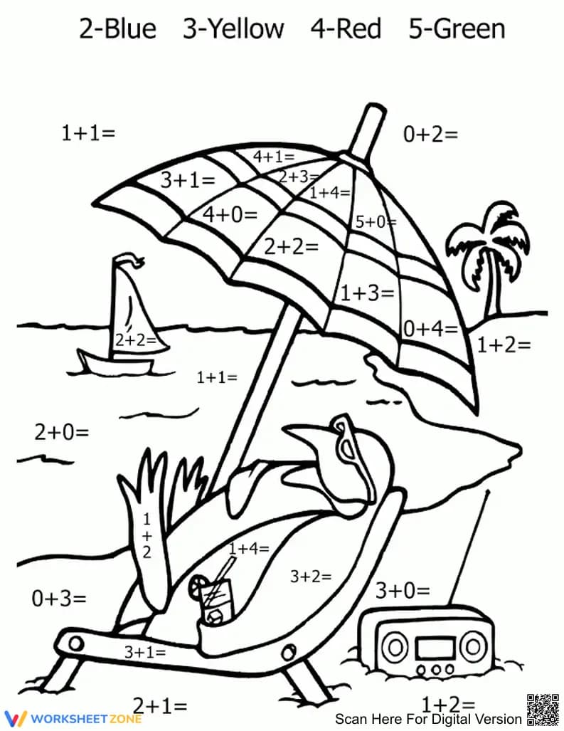 Addition Color by Number | Beach Day Fun - Page 1