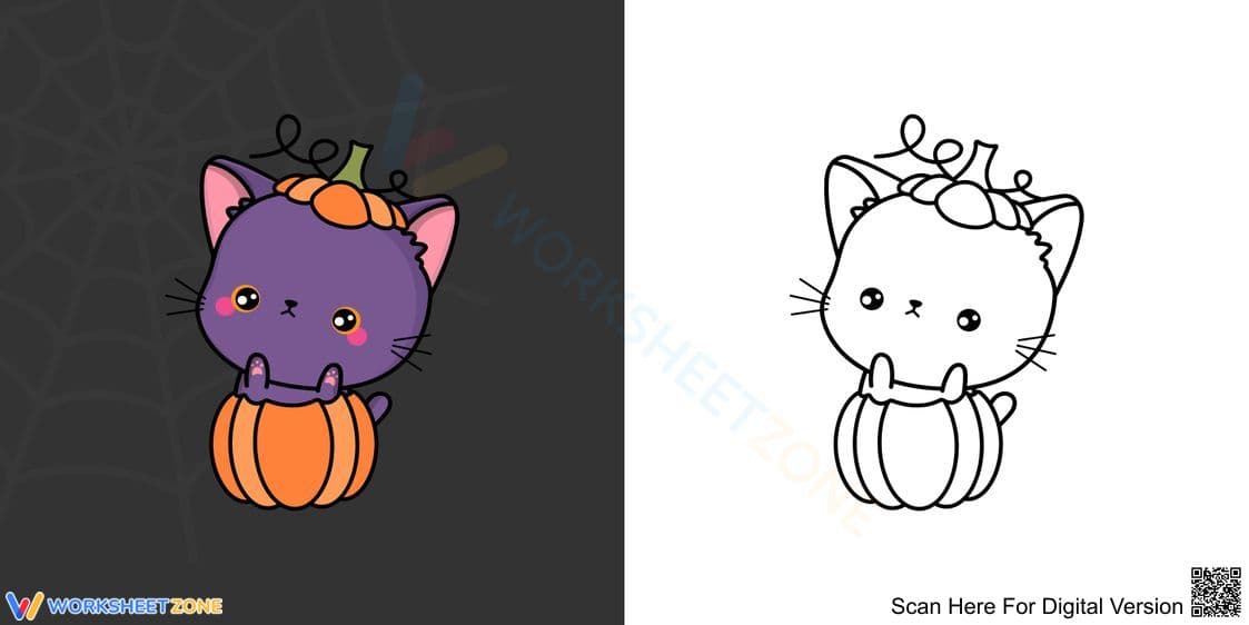 Kawaii Halloween Cat Coloring Page - Page 1