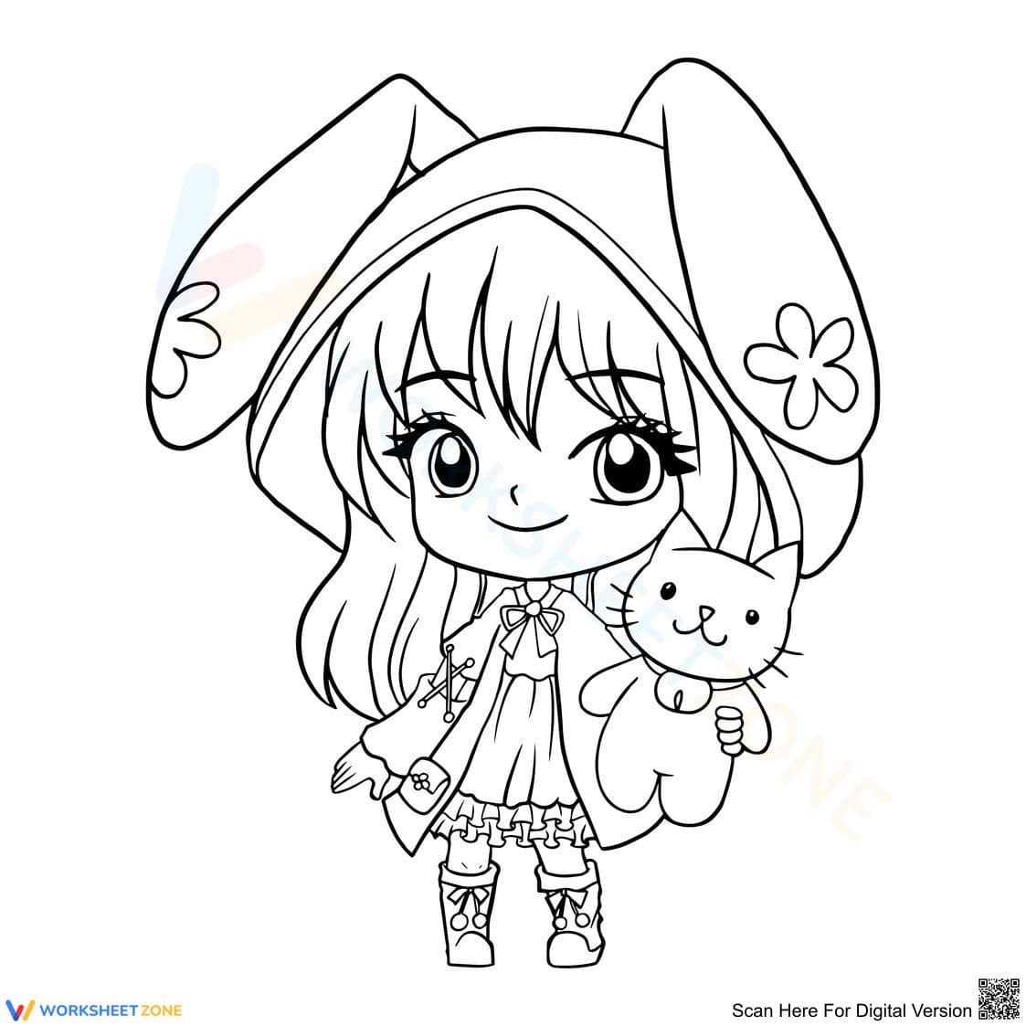 Bunny Girl Coloring Page with Cute Cat - Page 1