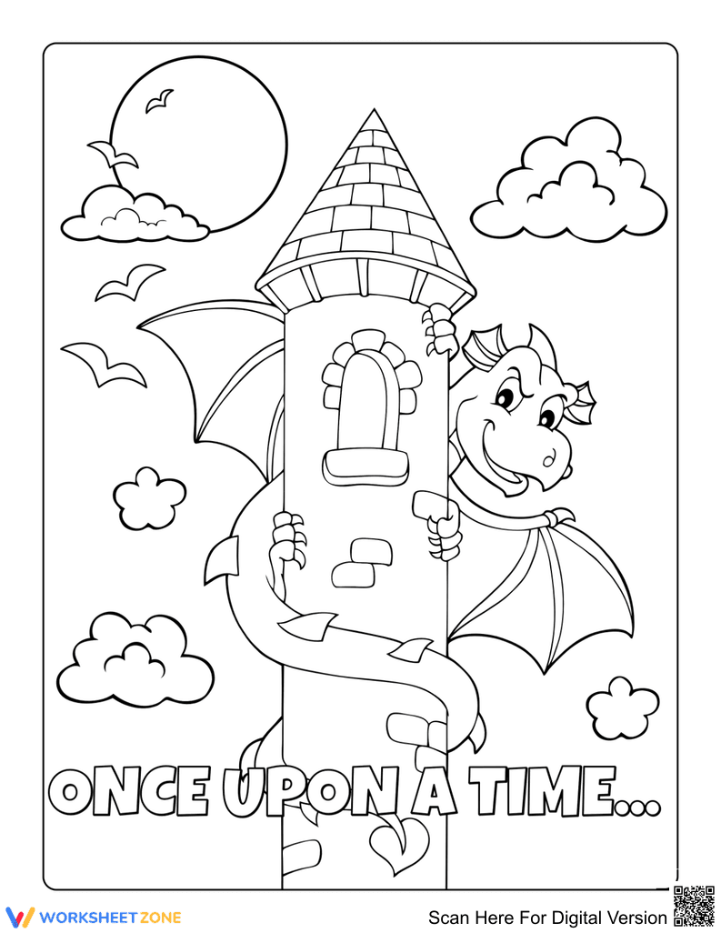 Printable Dragon and the Tower Coloring Page | Grade K - Page 1