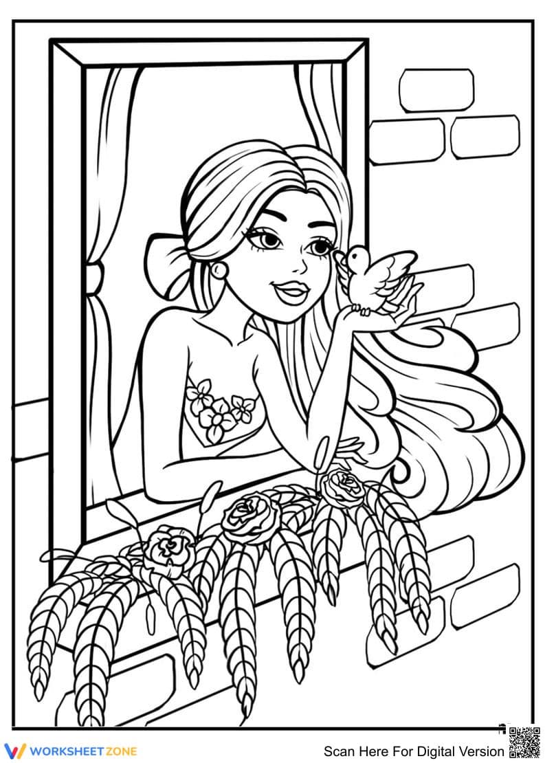 Printable Barbie by the Window Coloring Page | Grade K - Page 1