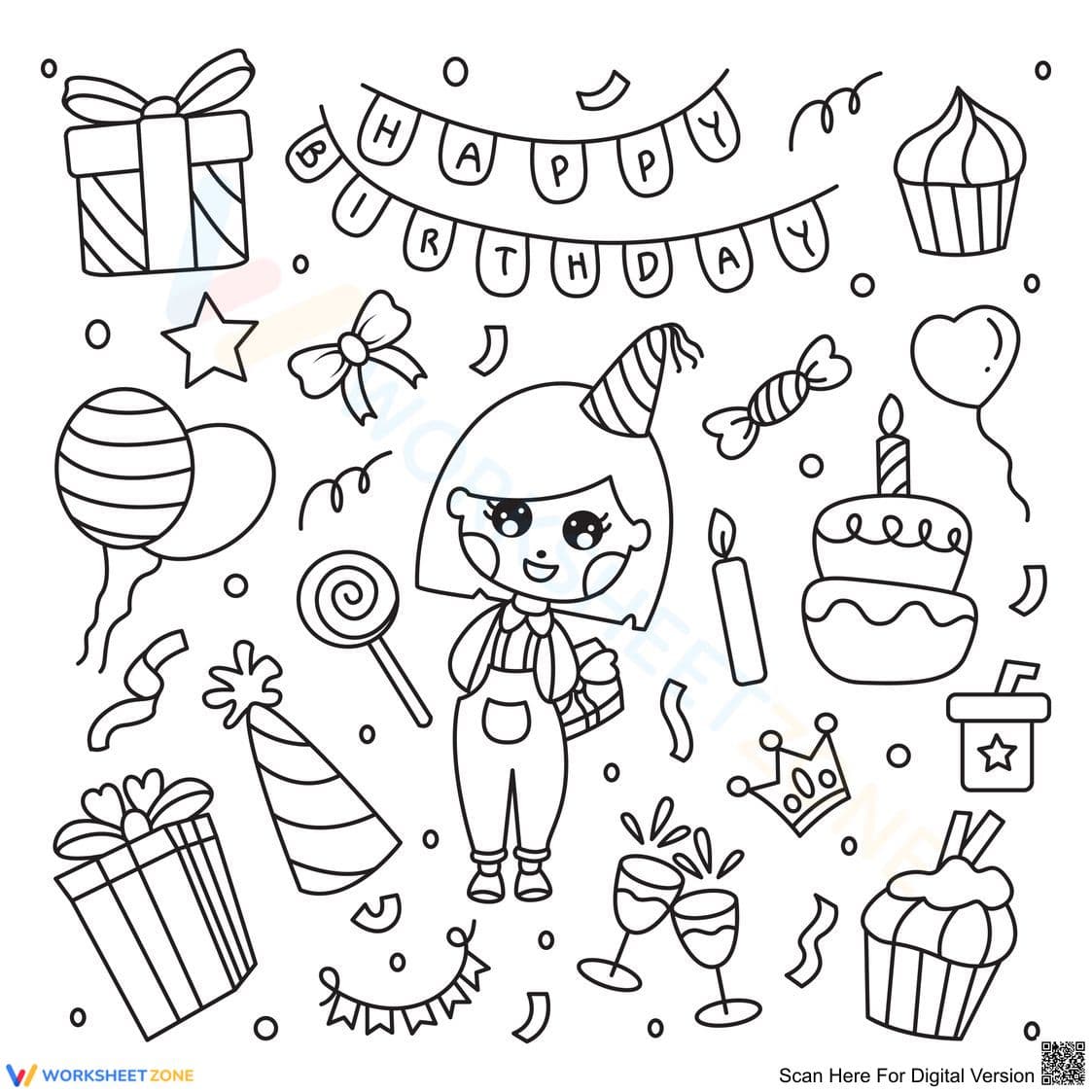 Happy Birthday Coloring Page for Girls - Page 1
