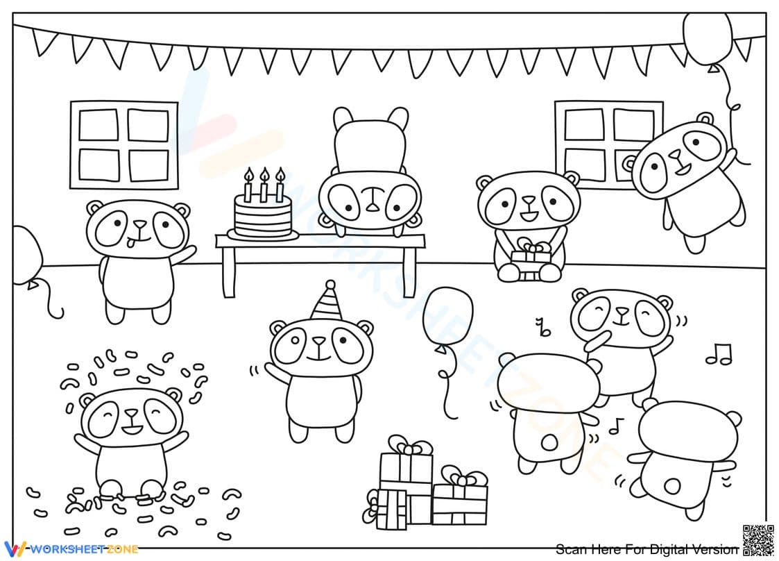 Panda Birthday Party Coloring Page | Essential Kindergarten - Page 1