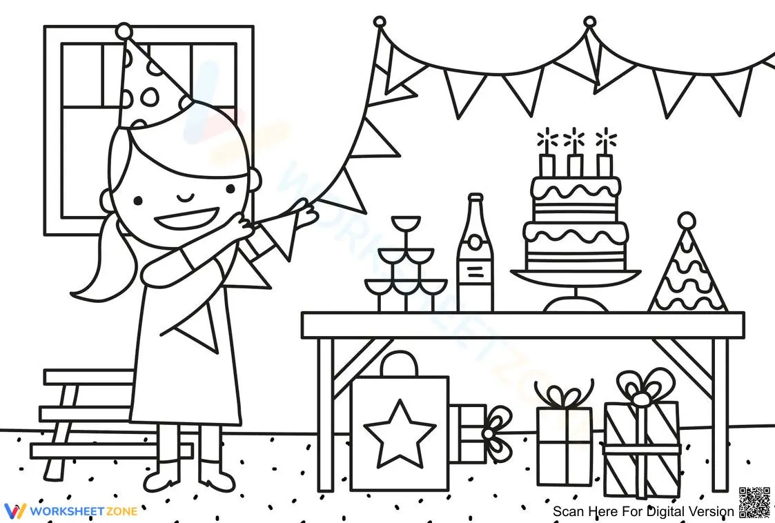 Little Girl's Birthday Party Coloring Page - Page 1