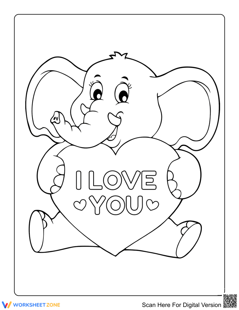 Cute Elephant Holding Heart Coloring Page - Page 1