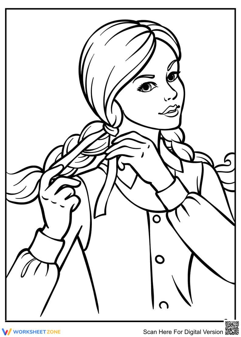 Girl Braiding Hair Coloring Page for Tweens - Page 1