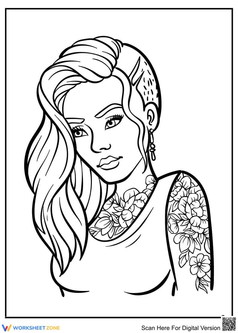 Modern Woman Coloring Page with Floral Tattoo Design - Page 1