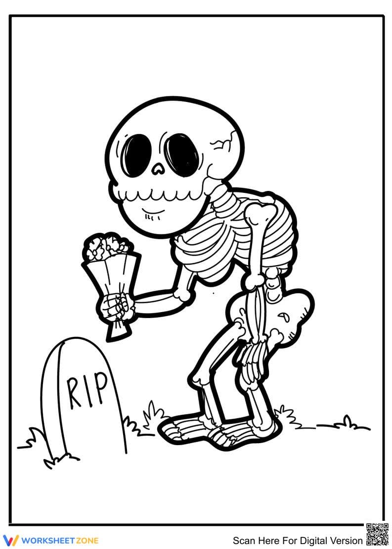 Skeleton Holding Flowers — Printable Grade K-5 Worksheet - Page 1