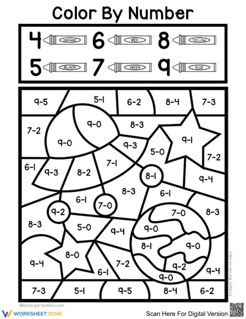 Subtraction Color by Number Worksheet - Page 1