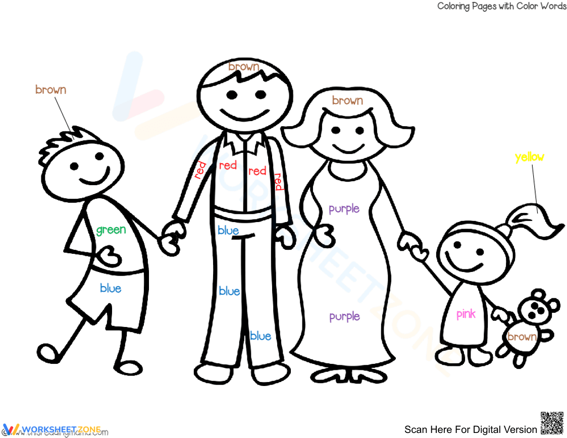 Color Word Happy Family Worksheet | Grade 1 Essential - Page 1