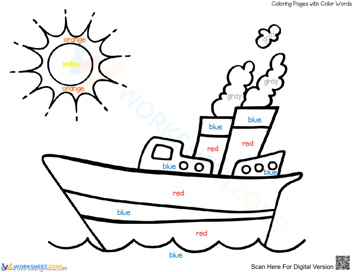 Color by Word: The Ship Coloring Activity - Page 1