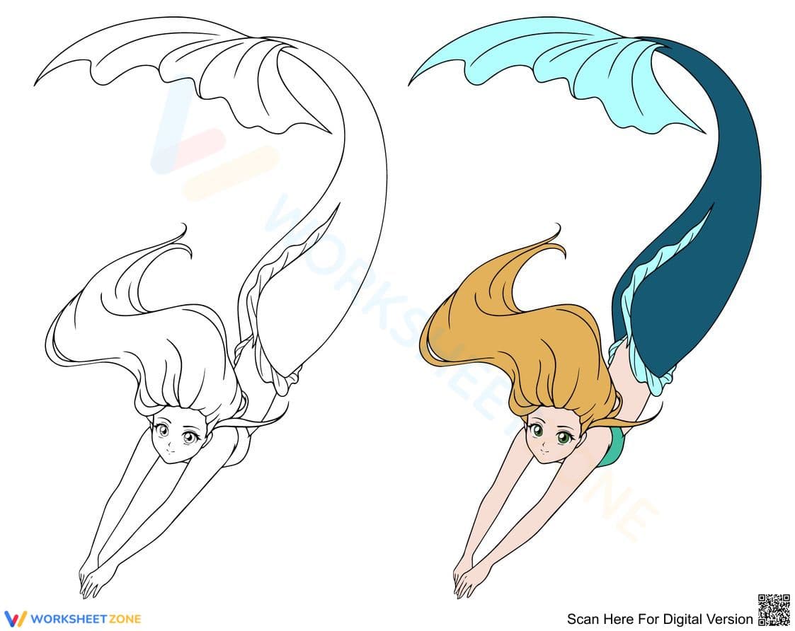 Swimming Mermaid Coloring Page | Essential Fine Motor - Page 1