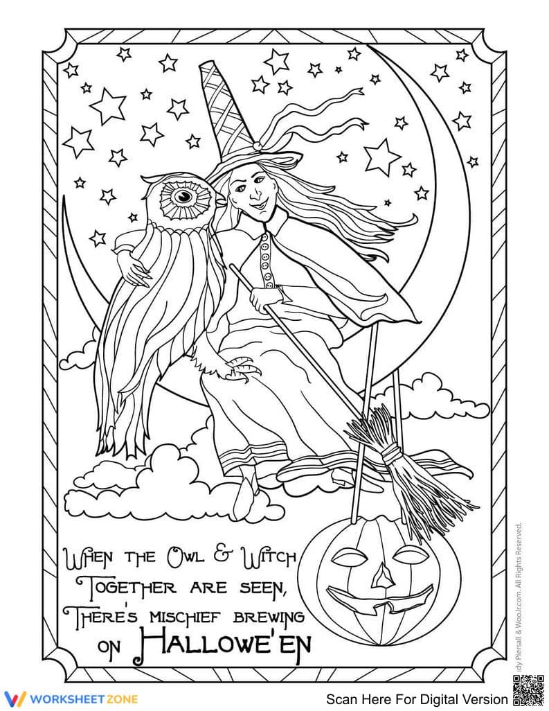 Witch and Owl Coloring Page | Essential Halloween Activity - Page 1