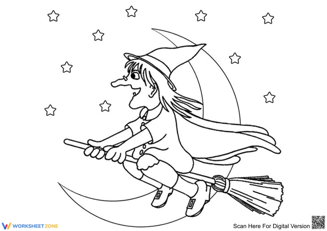 Printable Witch Flying Coloring Page | Grades K-5 ELA - Page 1