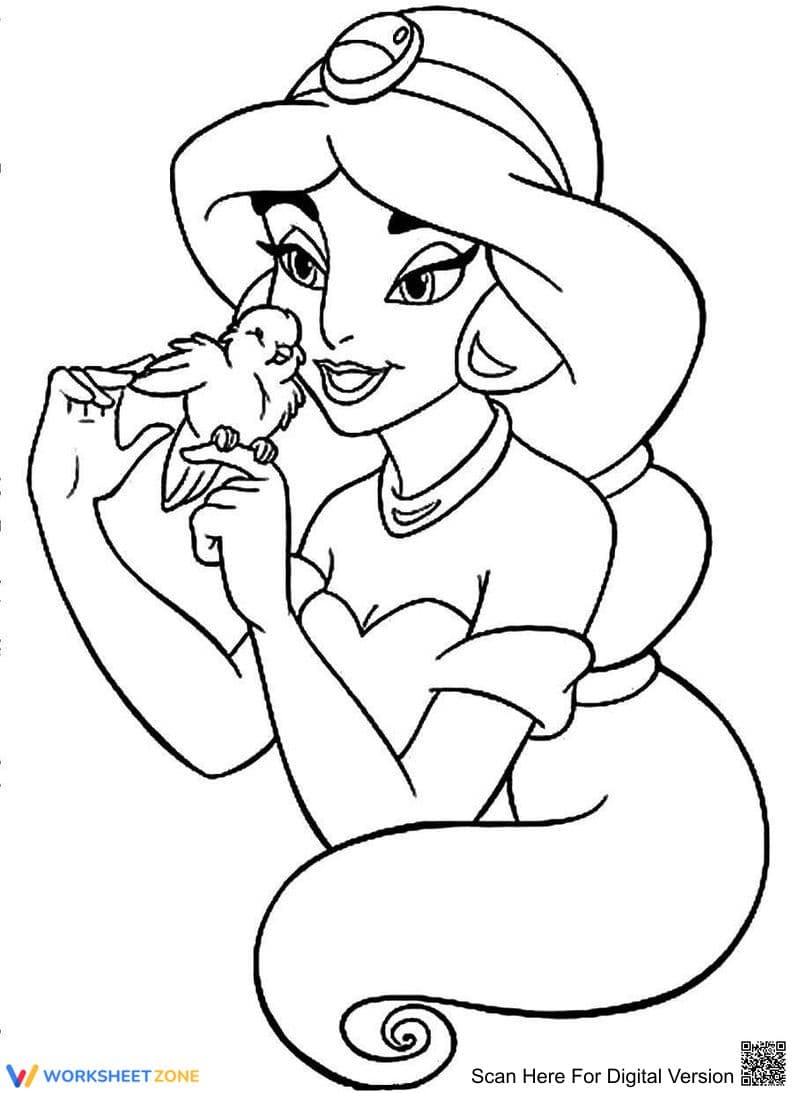 Jasmine and a Bird Coloring Page | Essential Printable - Page 1