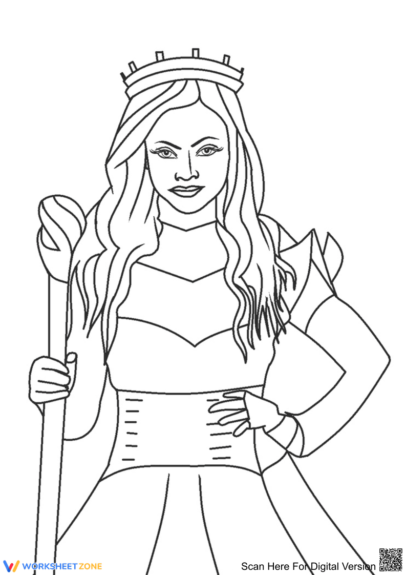 Princess with Crown and Staff Coloring Page - Page 1