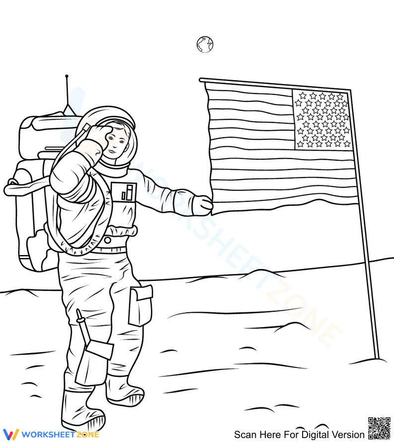 First Man on the Moon Coloring Page | Grade 1 Essential - Page 1