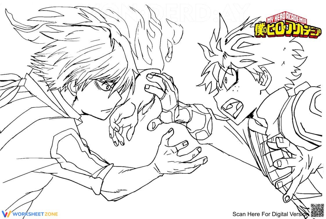 Deku and Todoroki Action Scene Coloring Page - Page 1
