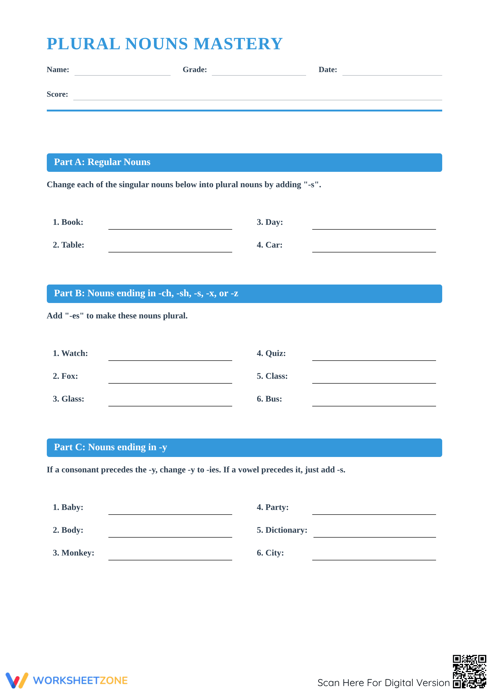 Plural Nouns Mastery Worksheet | Grade 4-5 Essential - Page 1