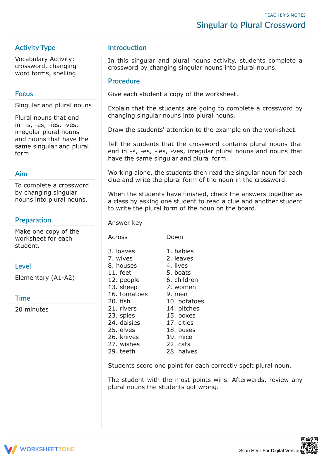 Singular to Plural Crossword Puzzle - Page 1