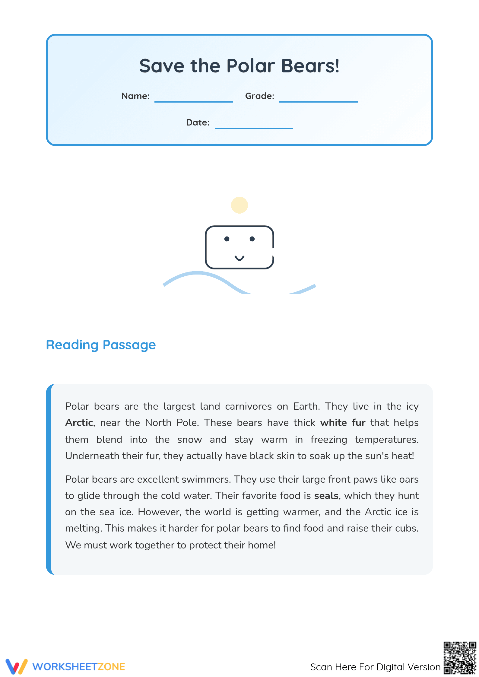 Save the Polar Bears! Printable Reading Worksheet | Grade 2 - Page 1