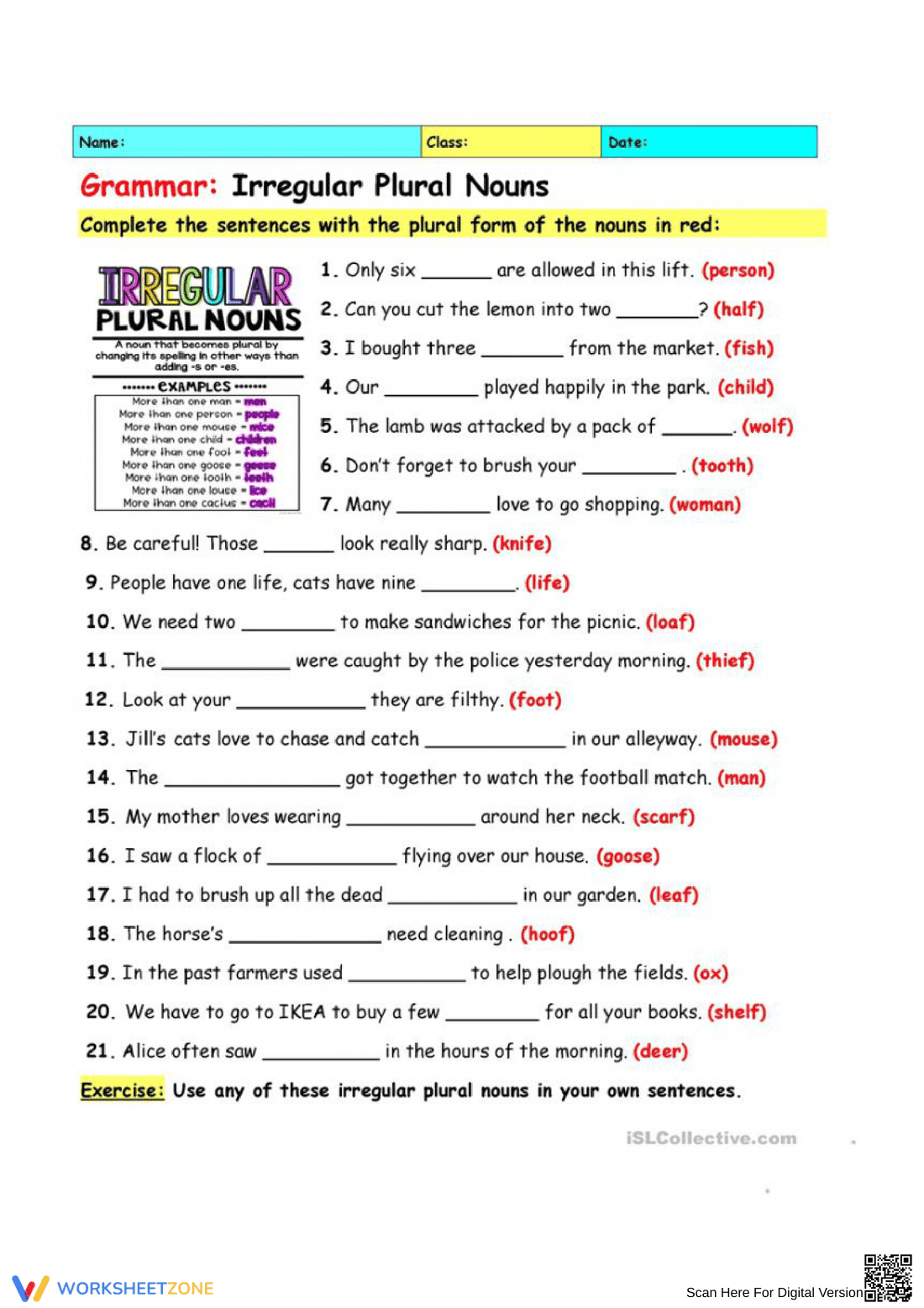 Worksheet: Irregular Plural Nouns - Page 1