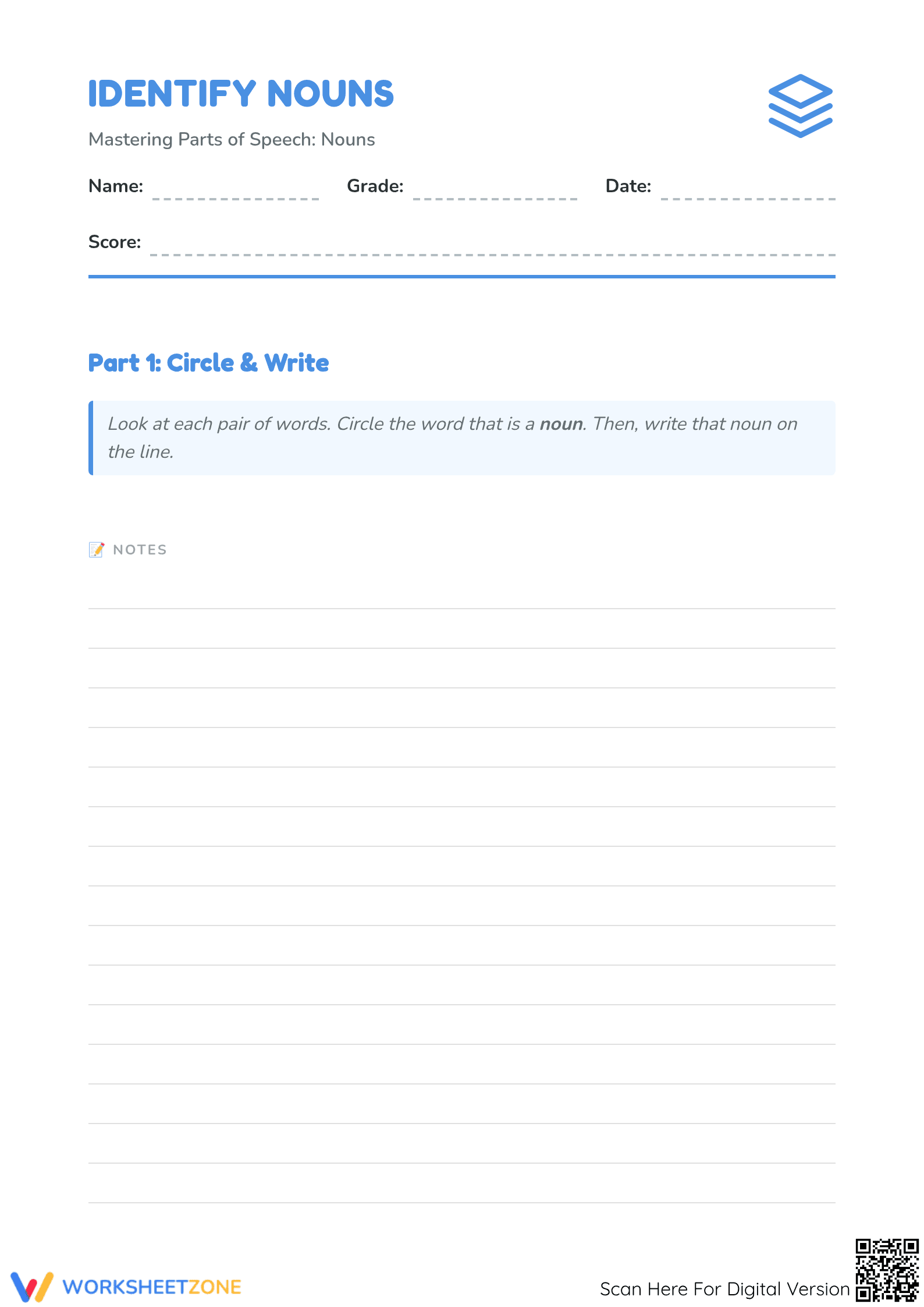 Identify Nouns Worksheet | Essential Grade 1 ELA - Page 1