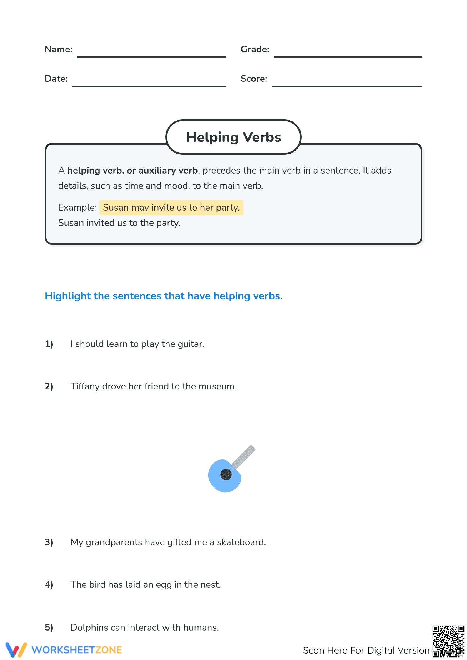 Grade 4 Helping Verbs — Printable No-Prep Worksheet - Page 1
