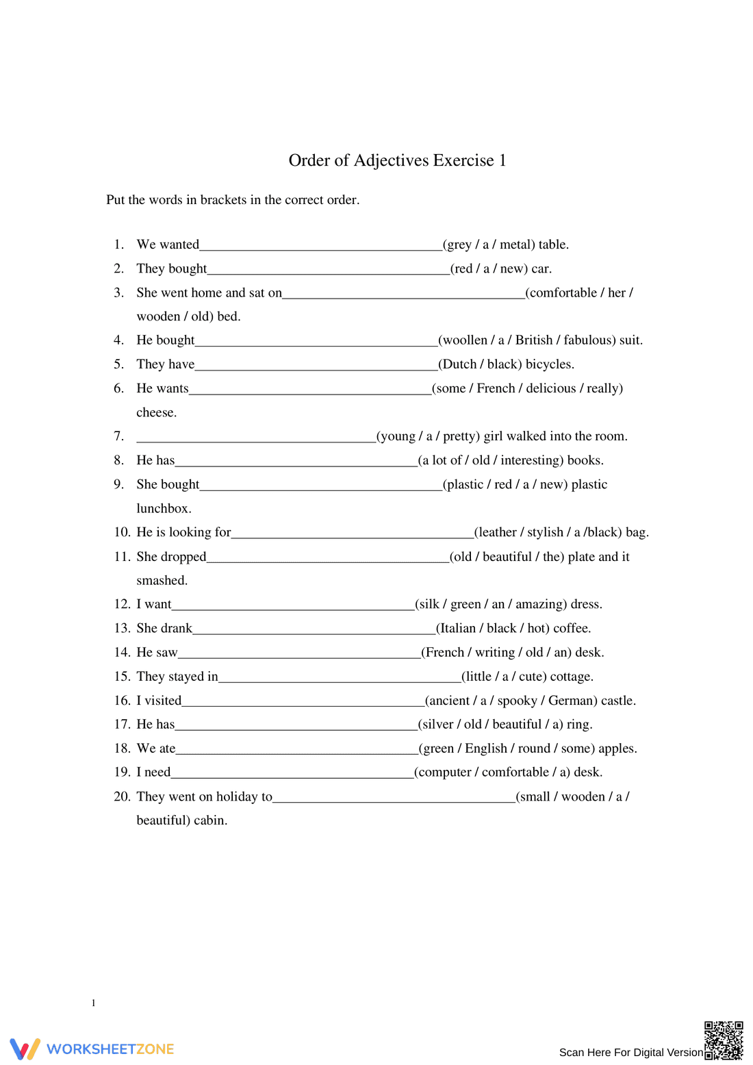 Order of Adjectives Exercise - Page 1