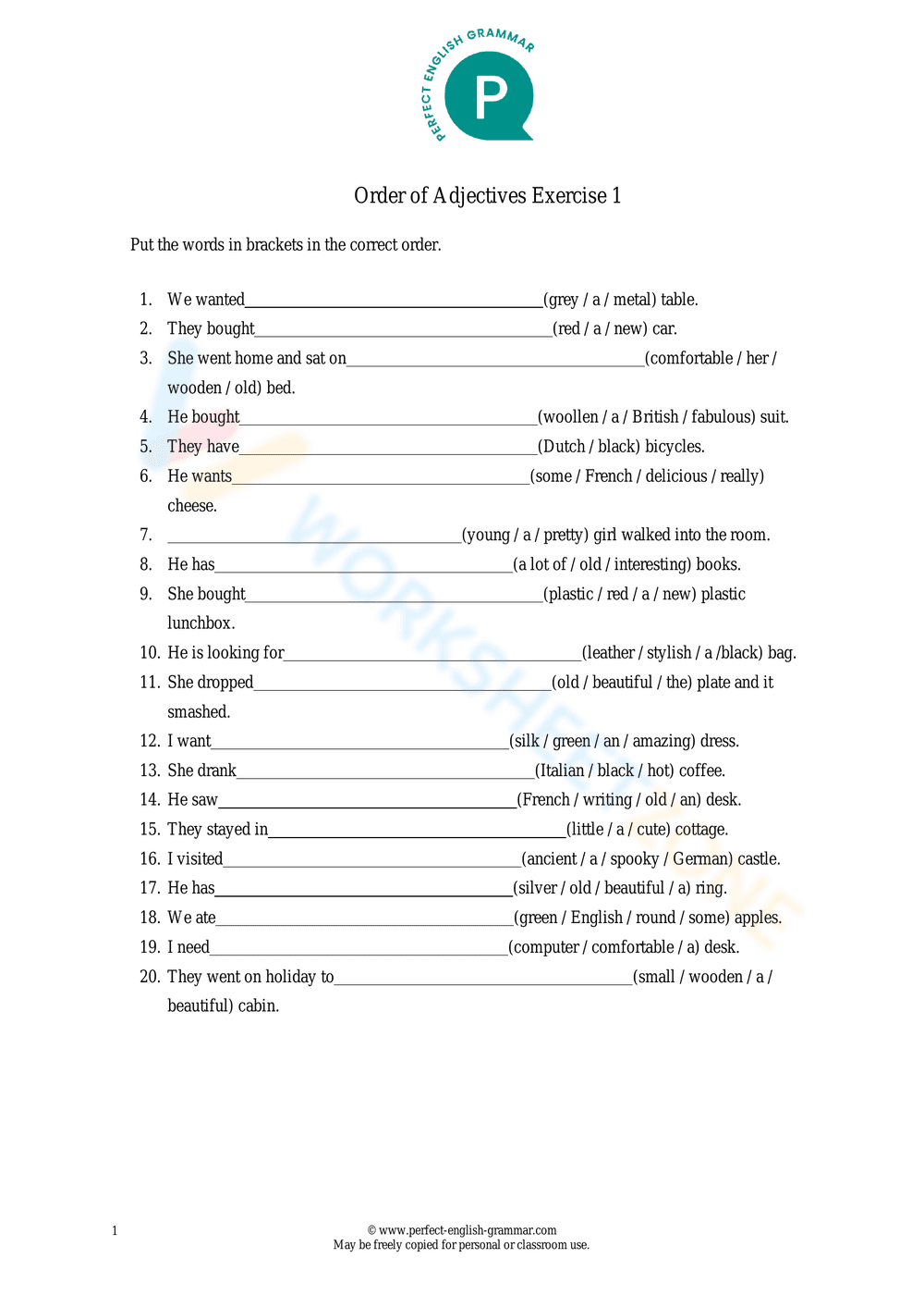 Order of Adjectives Exercise - Page 1