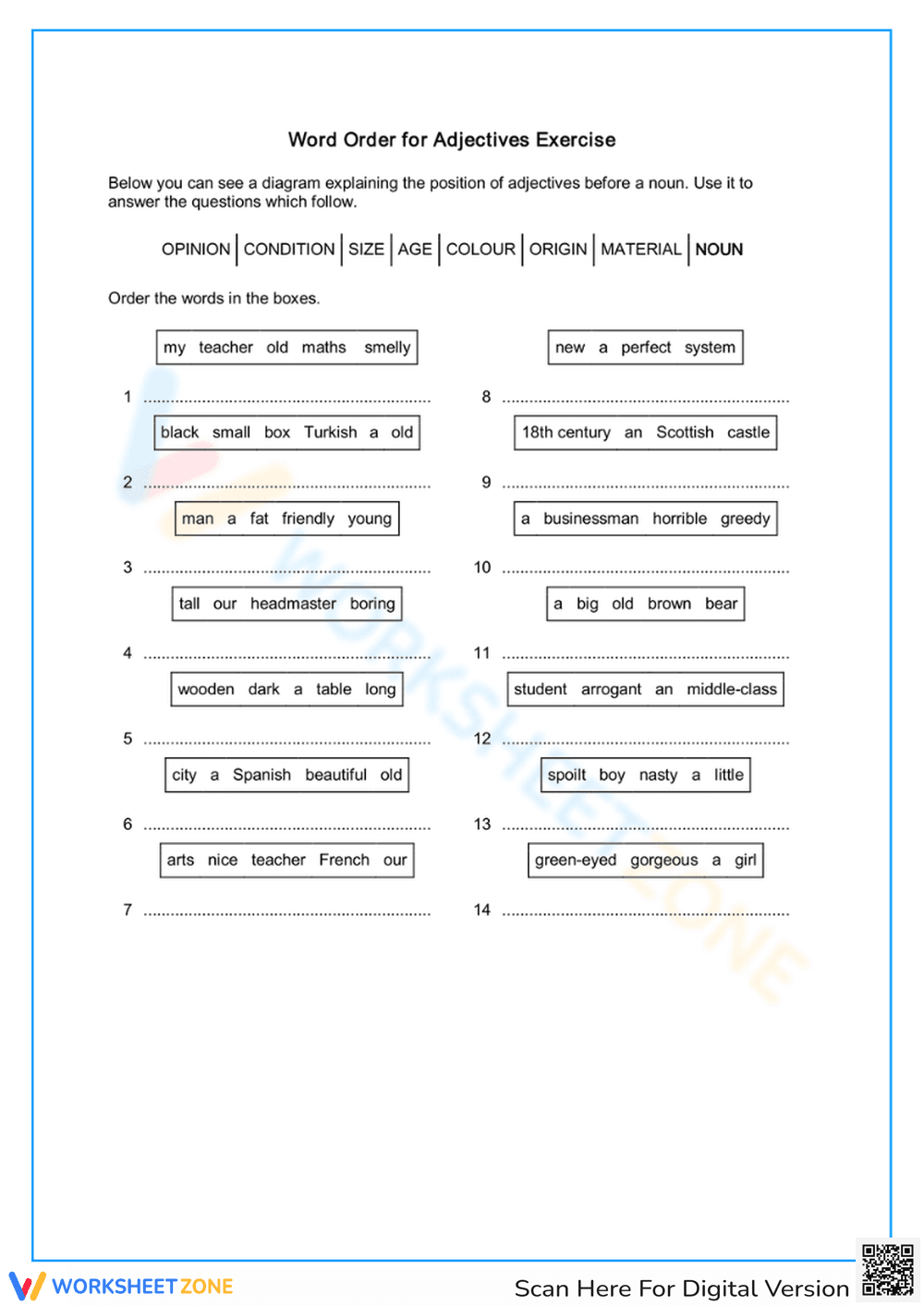 Adjective Word Order Exercise - Page 1