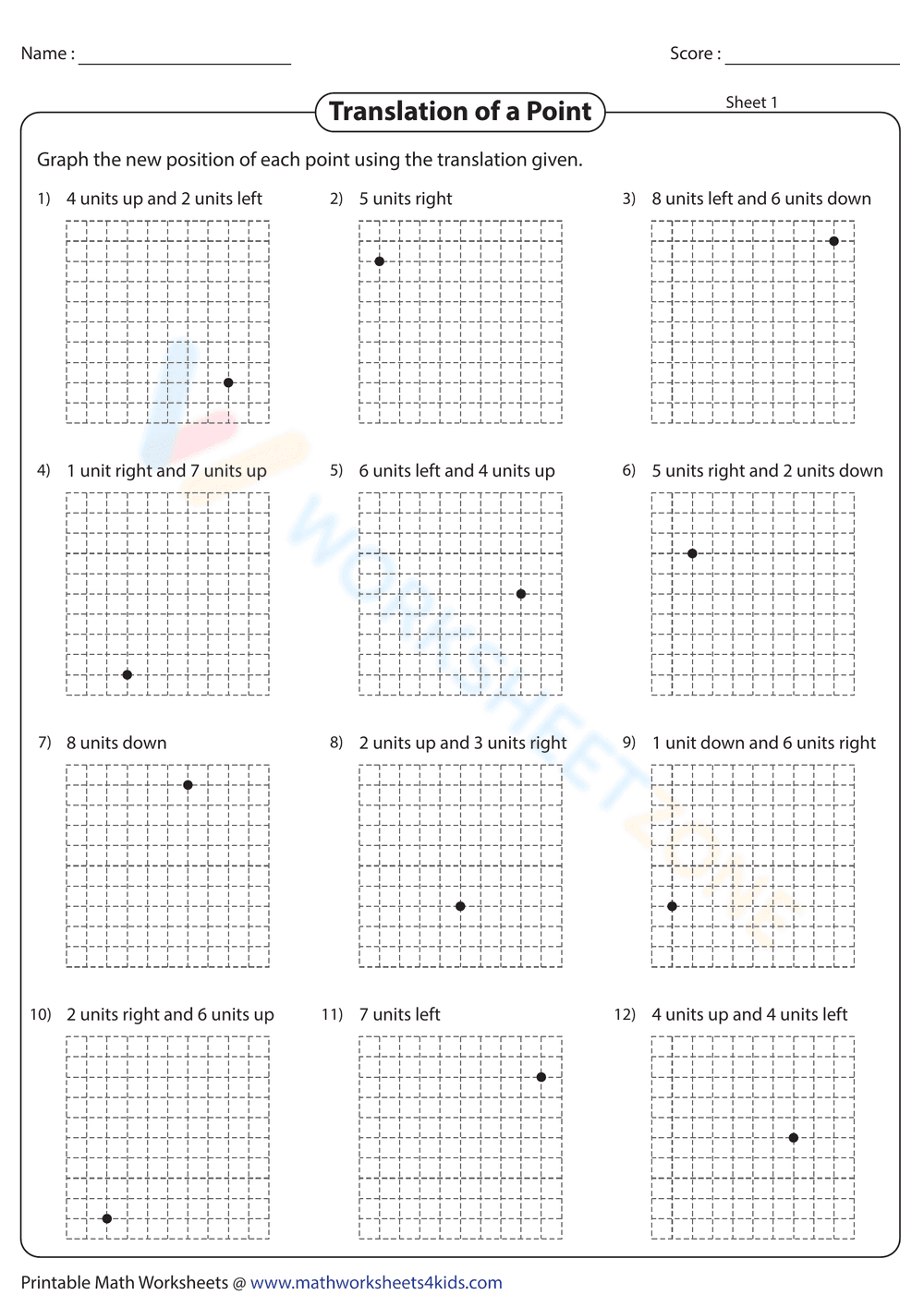 Translation of a Point Worksheet - Page 1