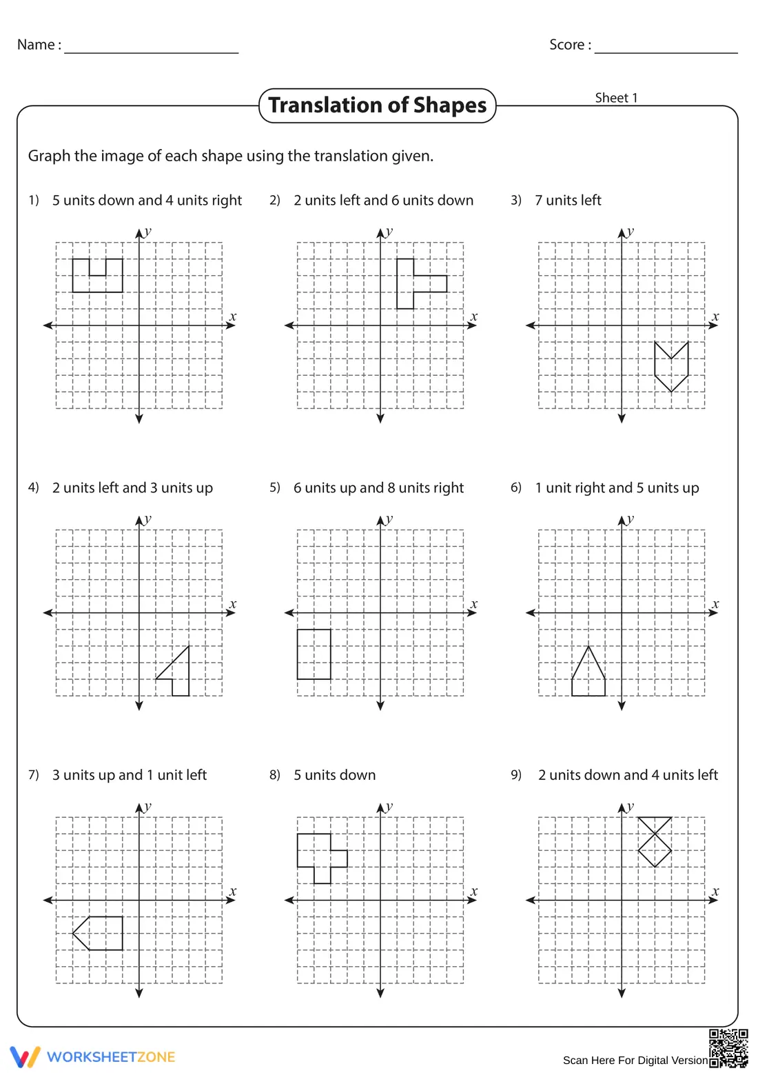 Translation of Shapes Worksheet - Page 1