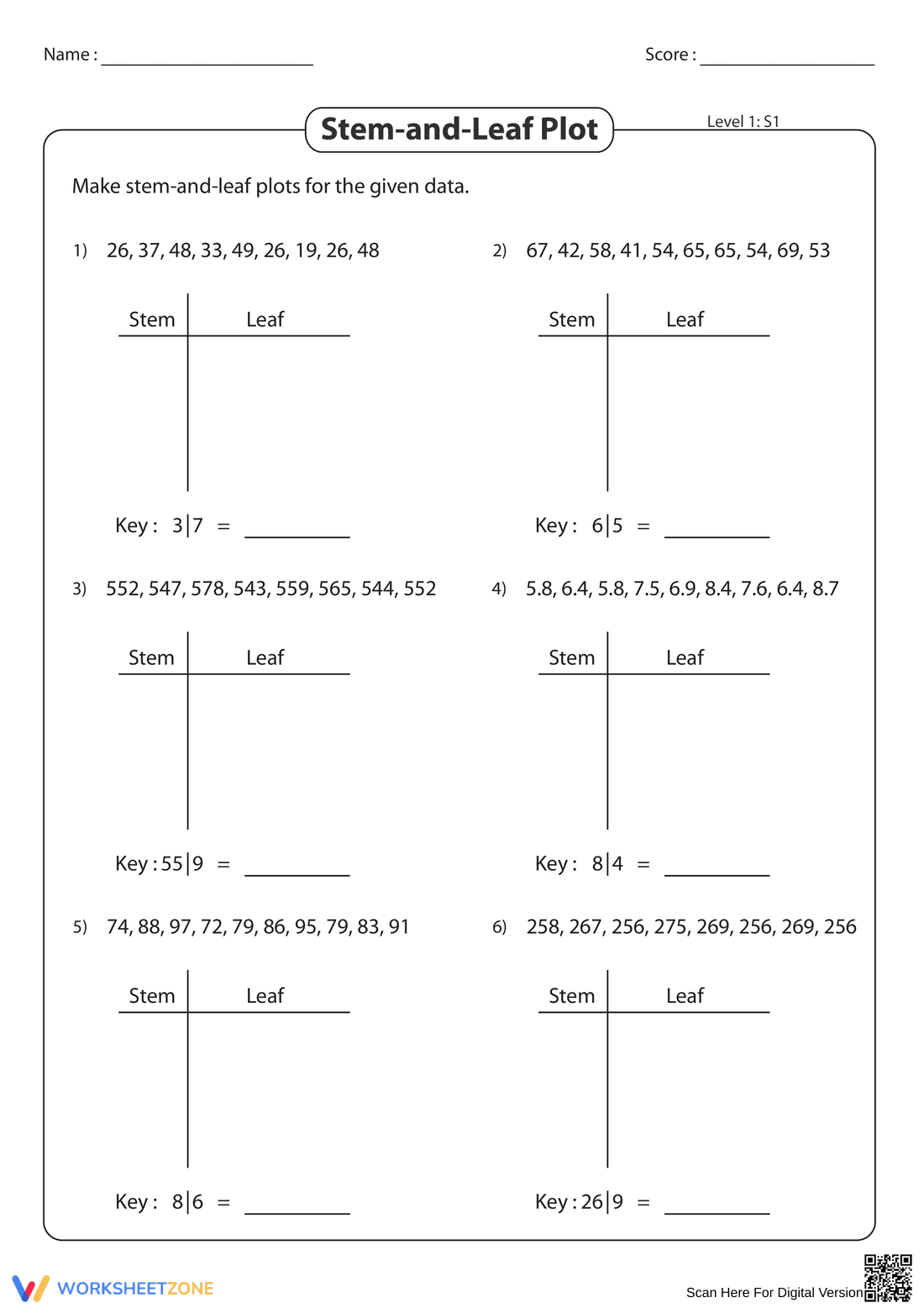 Introduction to Stem and Leaf Plot Worksheet - Page 1