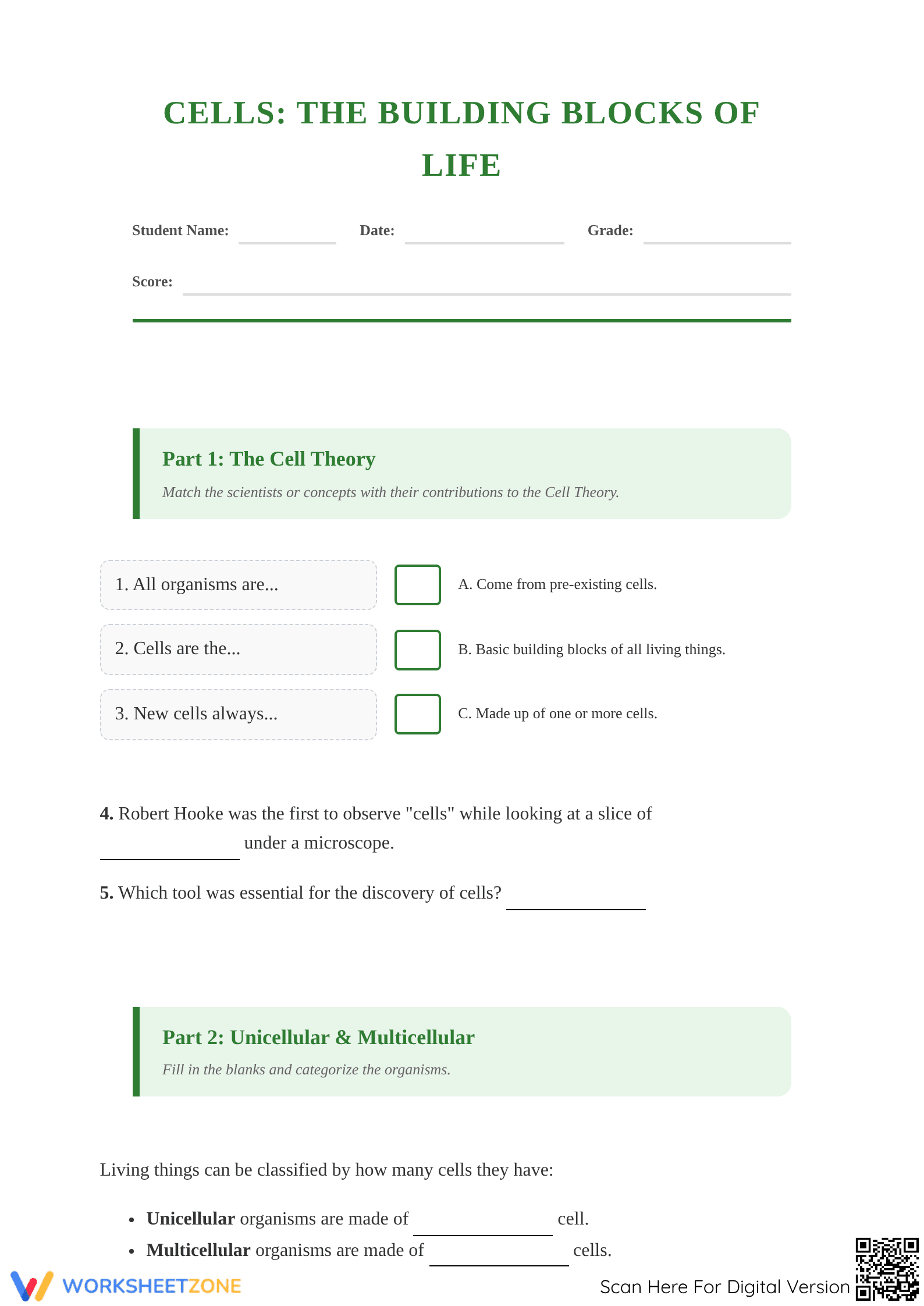 Essential Cells & Cell Theory Worksheet | Grade 7 Aligned - Page 1