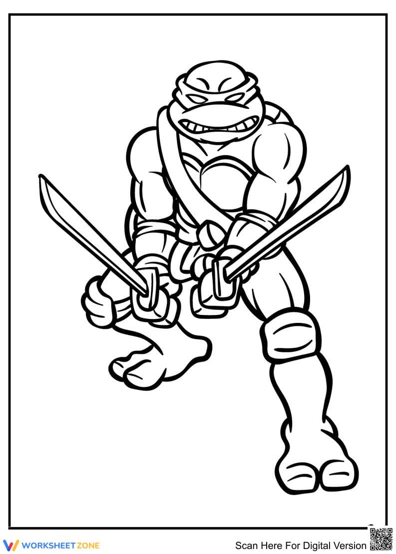 Ninja Turtle Coloring Page – Dual Sword Fighter Pose
- Page 1