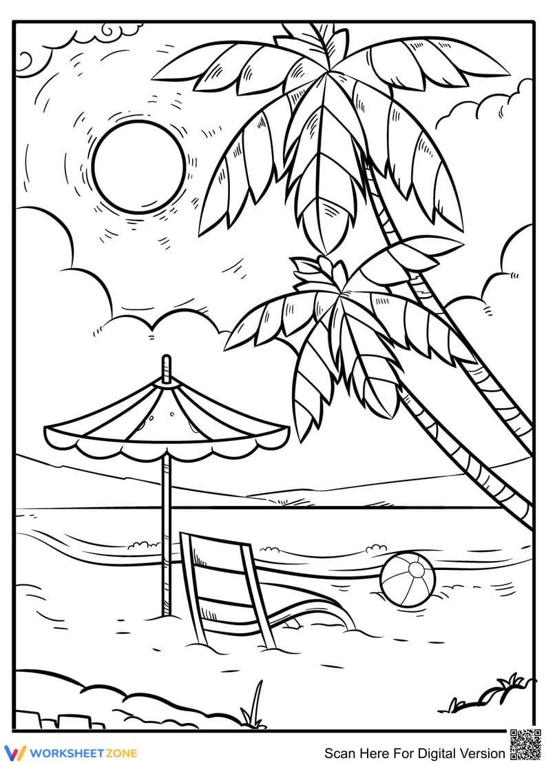 Beach Day Coloring Page | Essential Grade K-2 Ready - Page 1