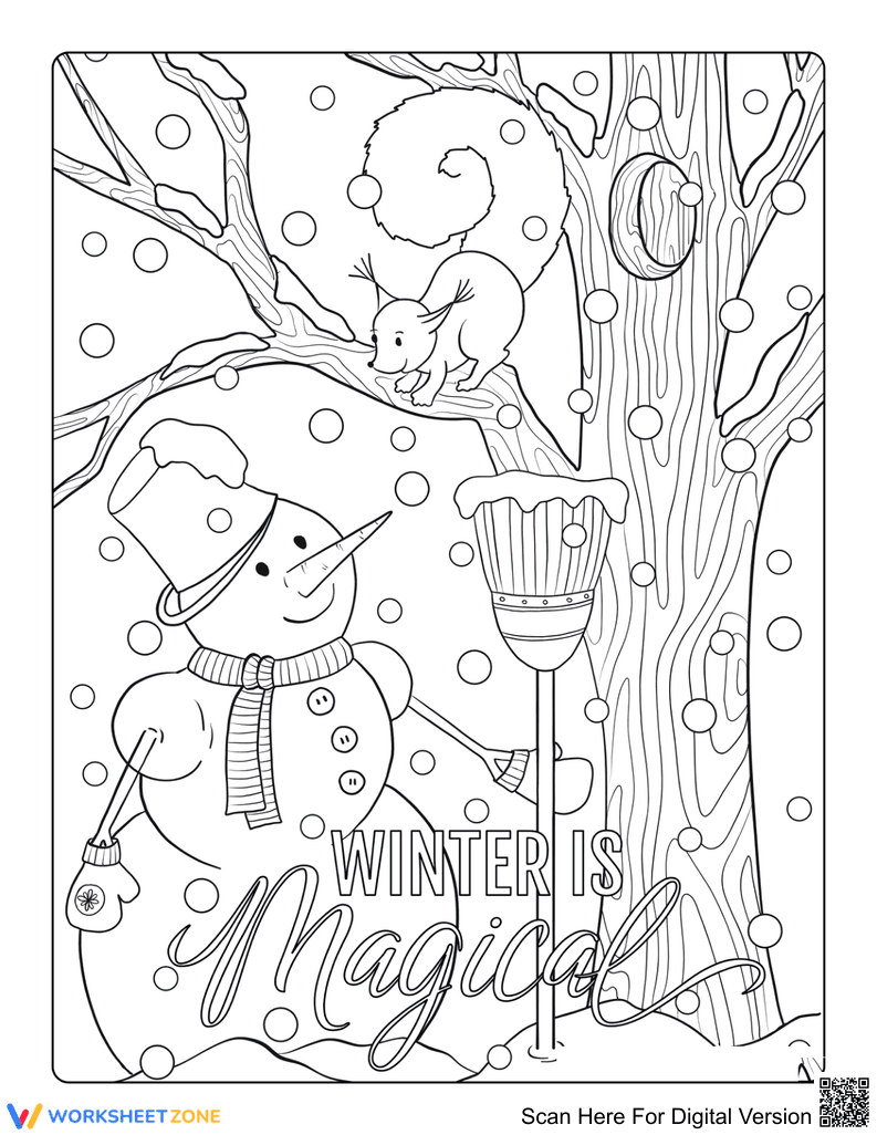 Snowman by the Tree Coloring Page | Essential Winter Art - Page 1