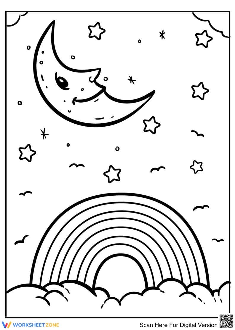 Rainbow and the Moon Coloring Page | Essential Printable - Page 1