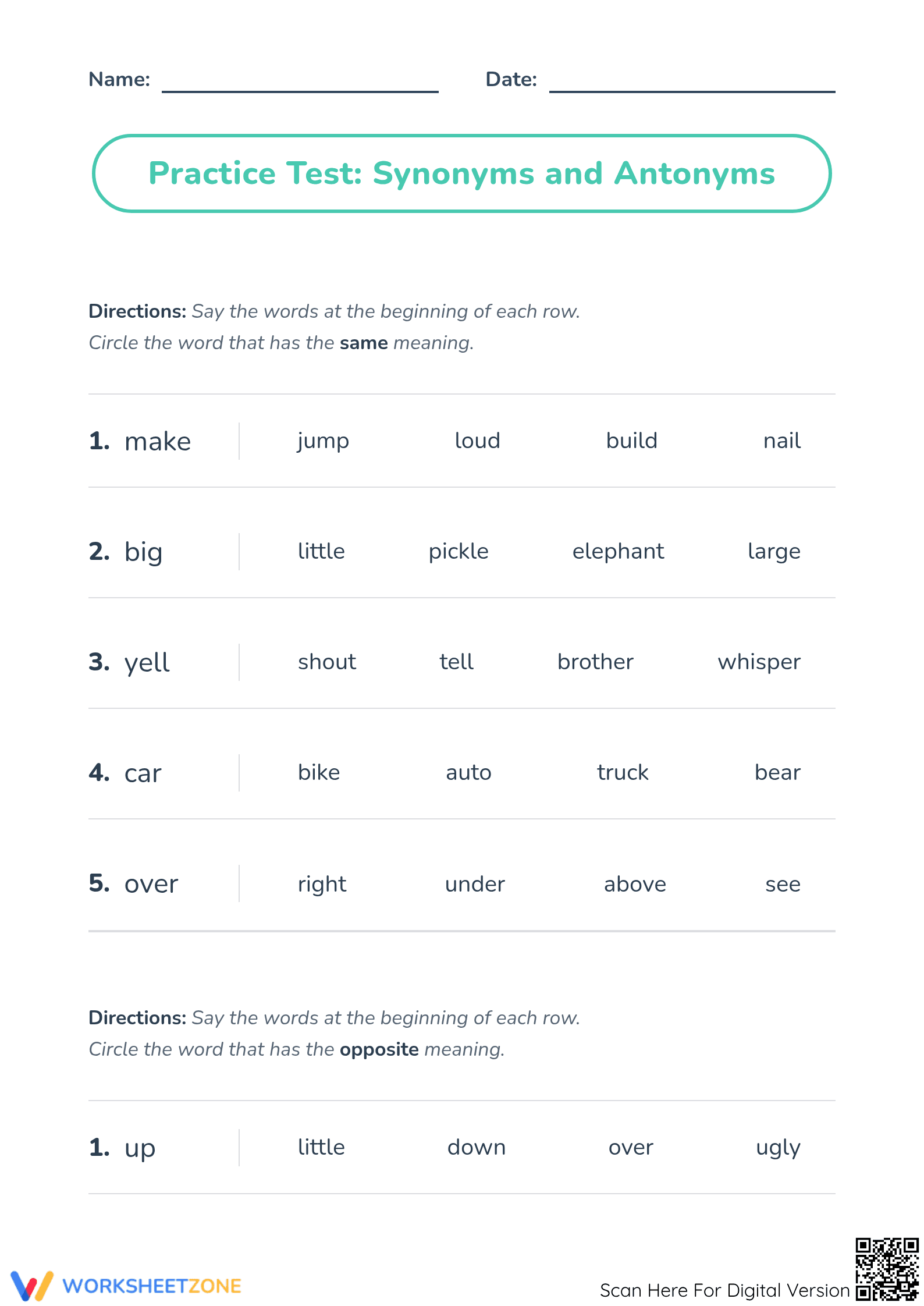 Grade 2 Synonyms & Antonyms — Printable No-Prep Worksheet - Page 1