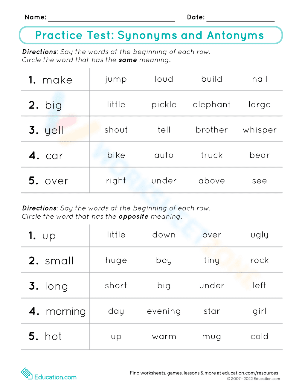 Practice Test: Synonyms and Antonyms - Page 1