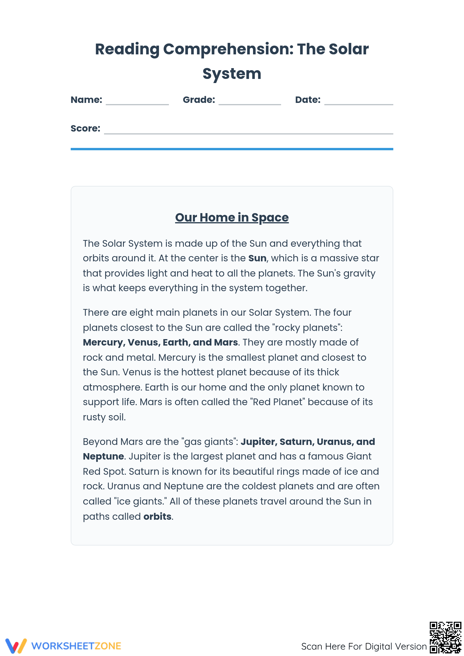 Grade 3 Solar System Reading — Printable No-Prep Worksheet - Page 1