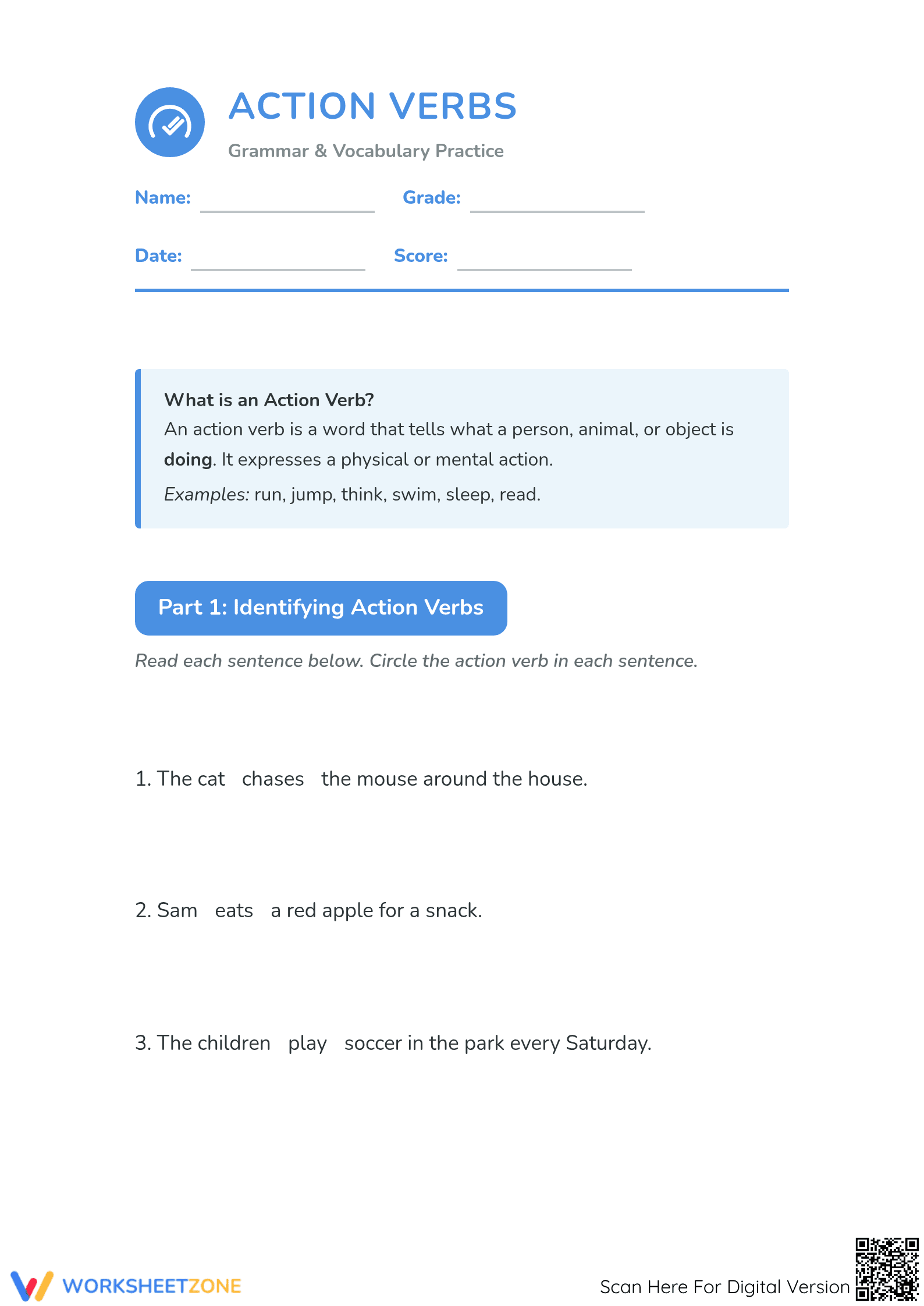 Action Verbs Practice Worksheet | Grade 2 Essential - Page 1