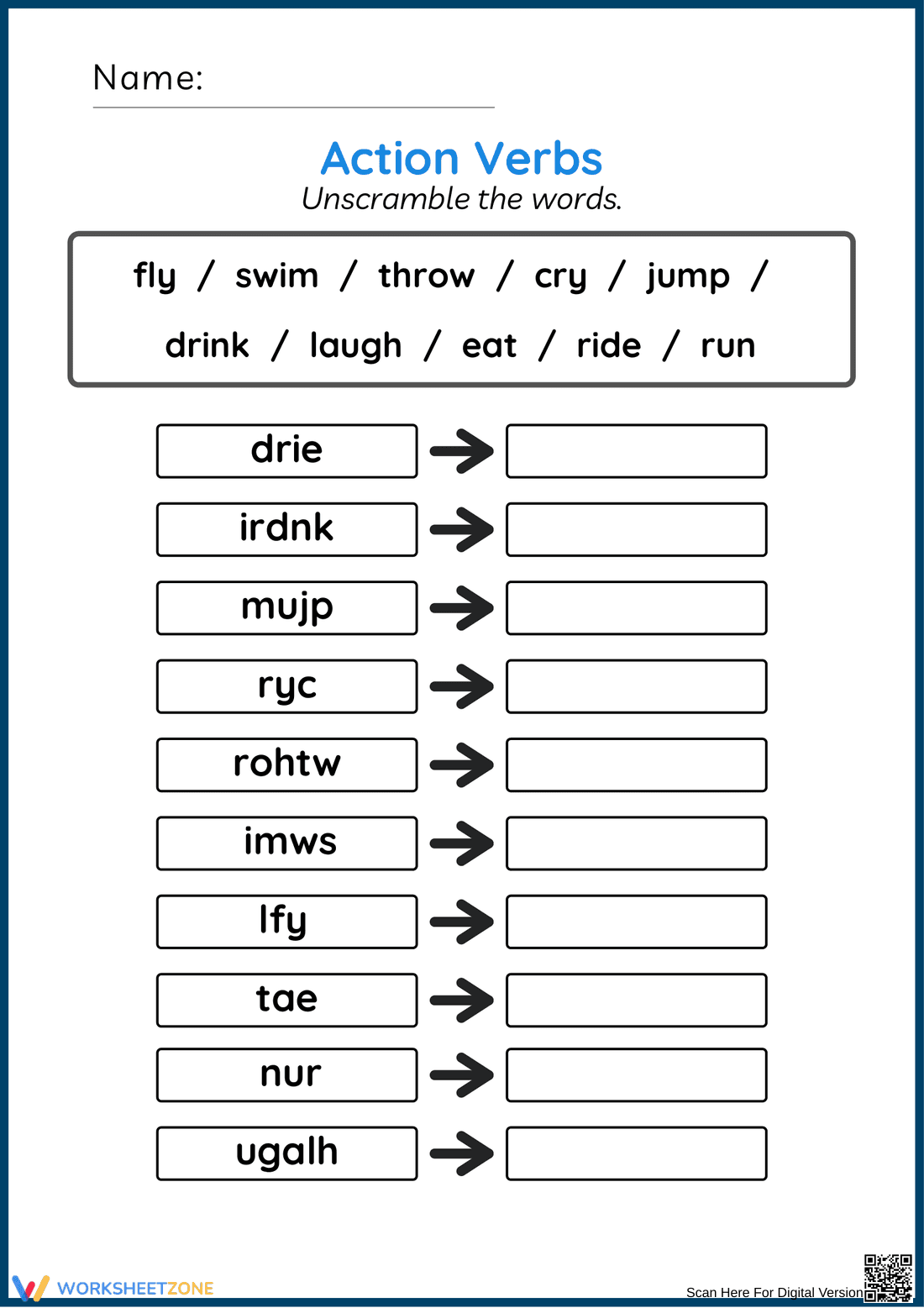 Action Verbs – Fun Word Unscramble Exercise for Kids - Page 1