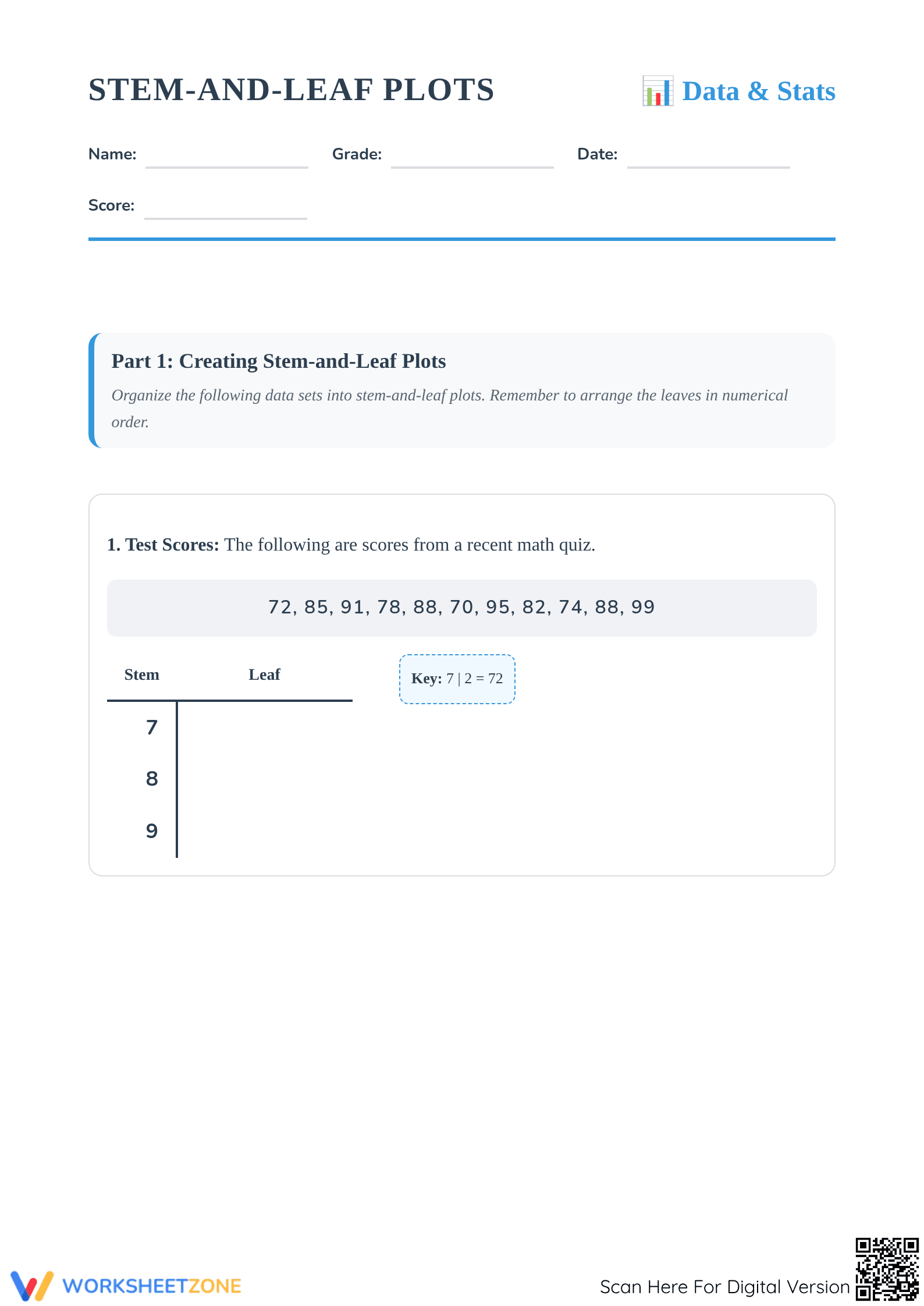 Printable Stem and Leaf Plots Worksheet | Grade 6 Math - Page 1
