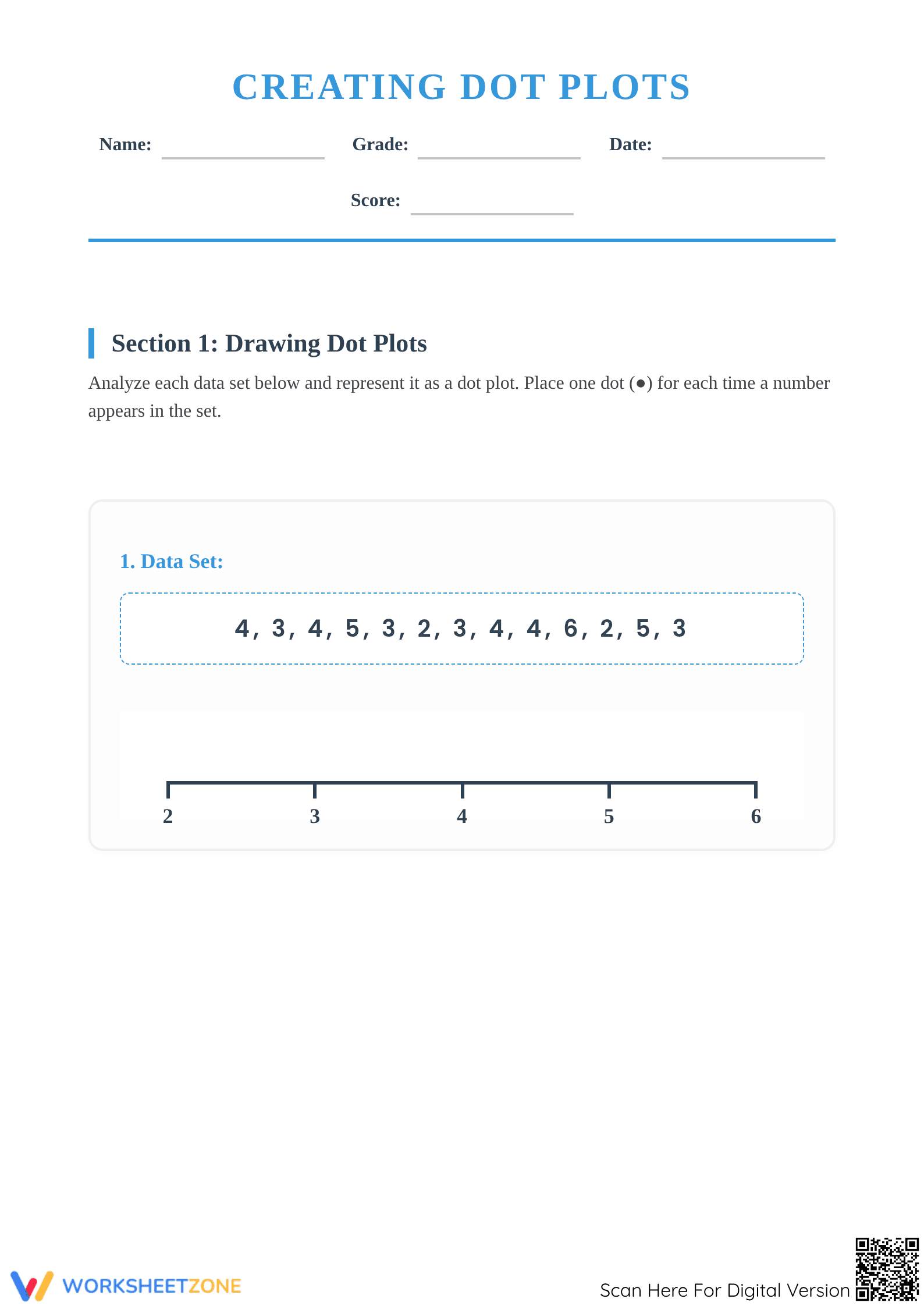 Printable Creating Dot Plots Worksheet | Grade 6 Math - Page 1