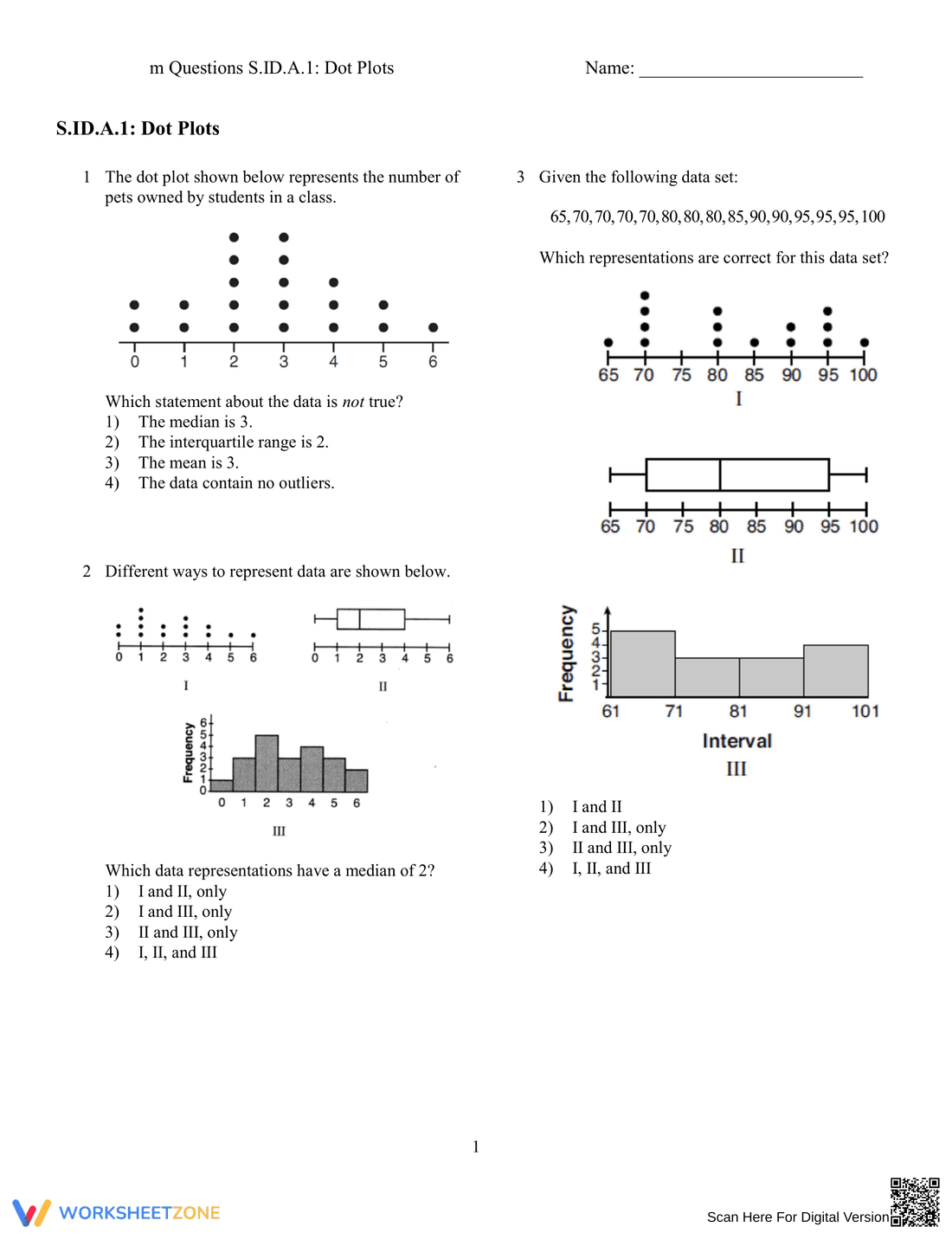 Dot Plots Practice Worksheet for Data Representation - Page 1