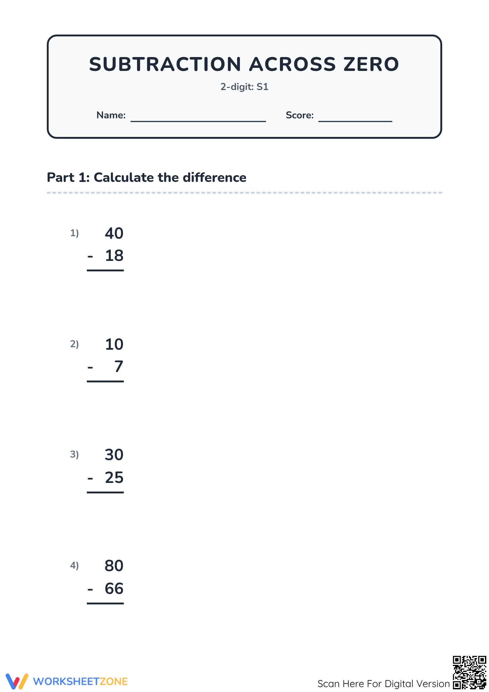 Printable Subtraction Across Zero Worksheet | Grade 2 Math - Page 1