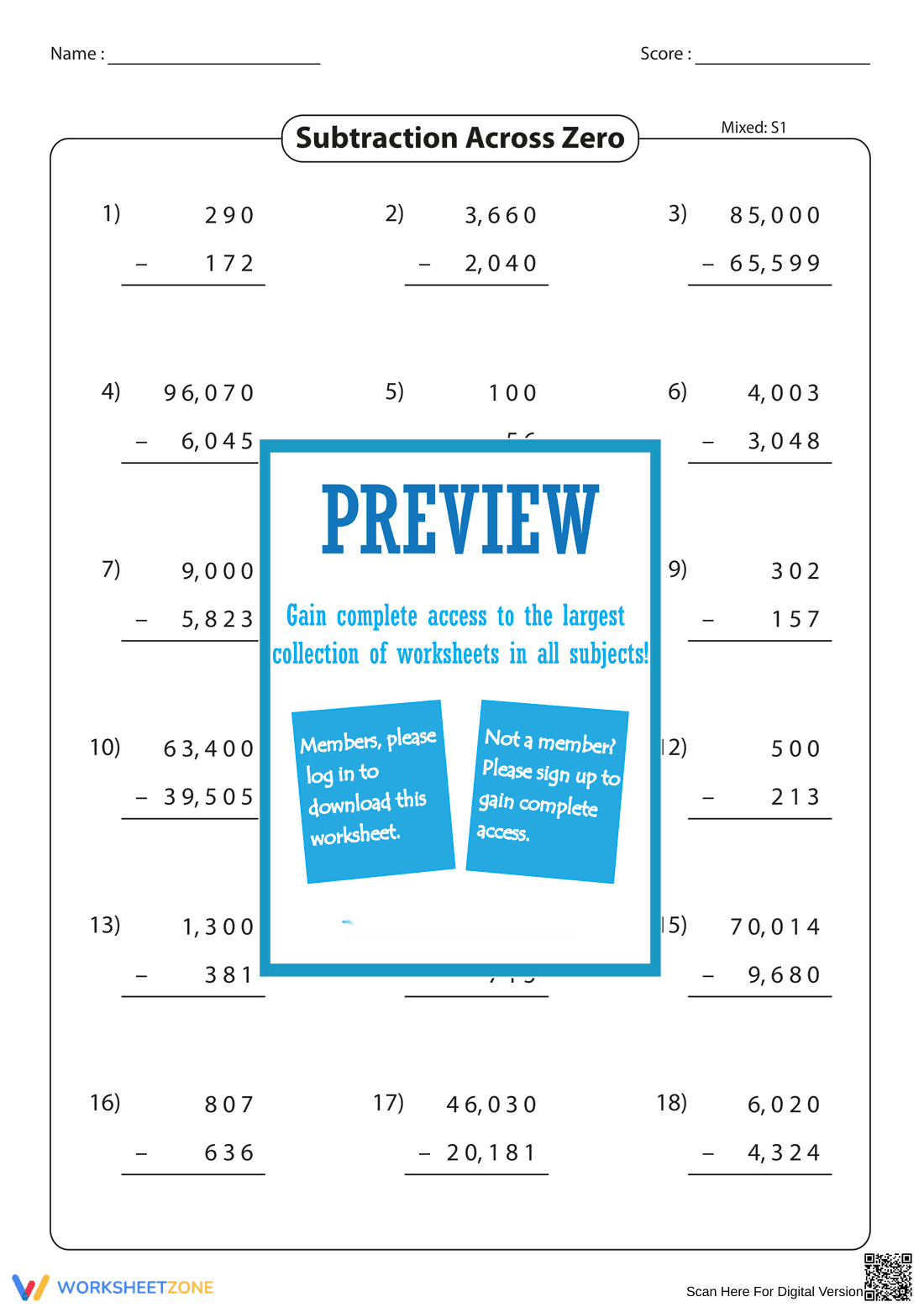 Subtraction Across Zero – Math Worksheet for Kids - Page 1